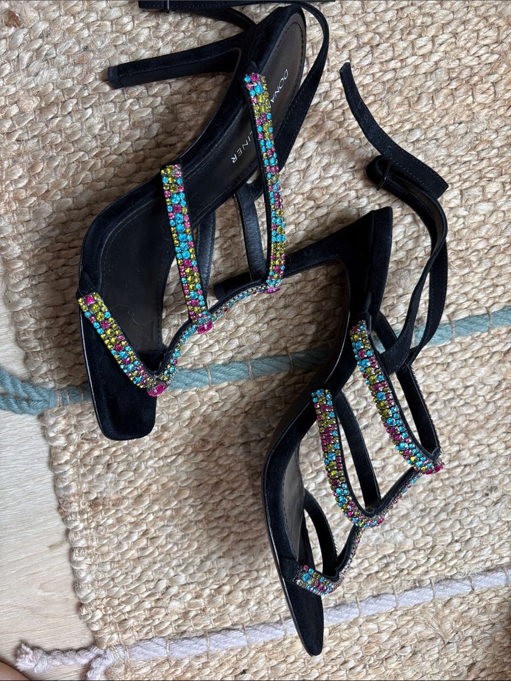 Donald J. Pliner Black Evening Heels with Multicolor Gem Accents